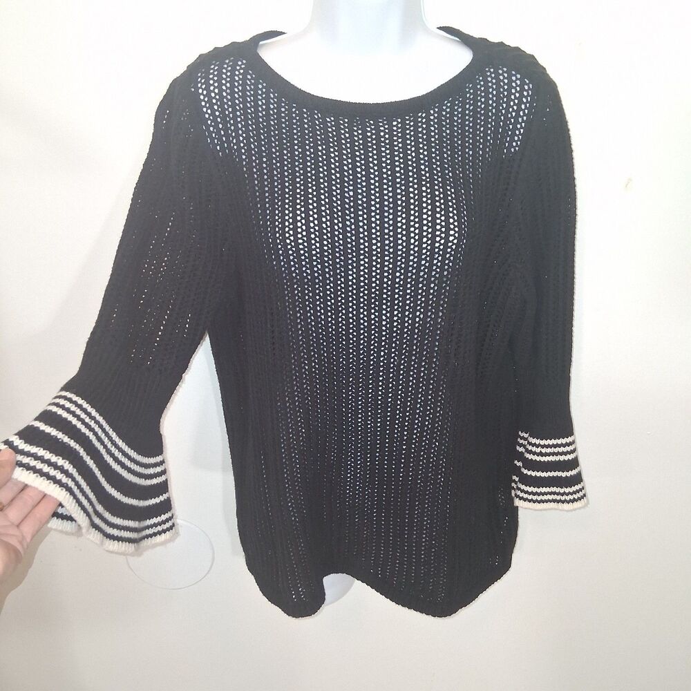 Crochet Mesh Bell Sleeve Sweater Sz 2 Sailor Stripes Luxury Resort Vacation Boat